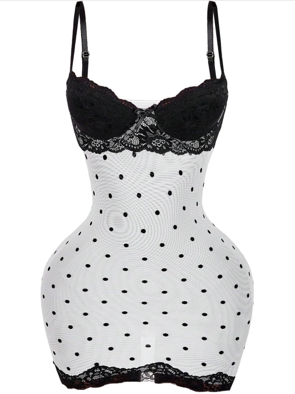 Polka Dot Lace Trim Shaping Chemise - Black & White